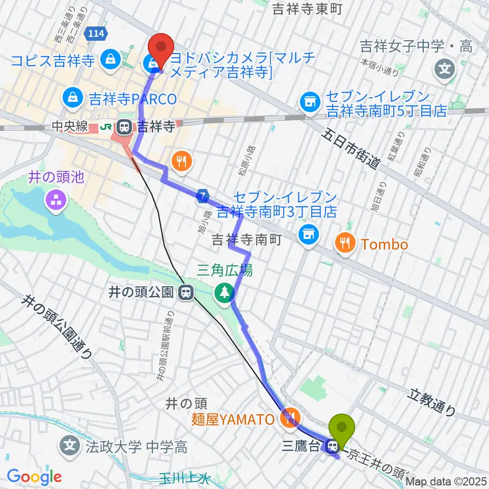 三鷹台駅から吉祥寺スターパインズカフェへのルートマップ地図