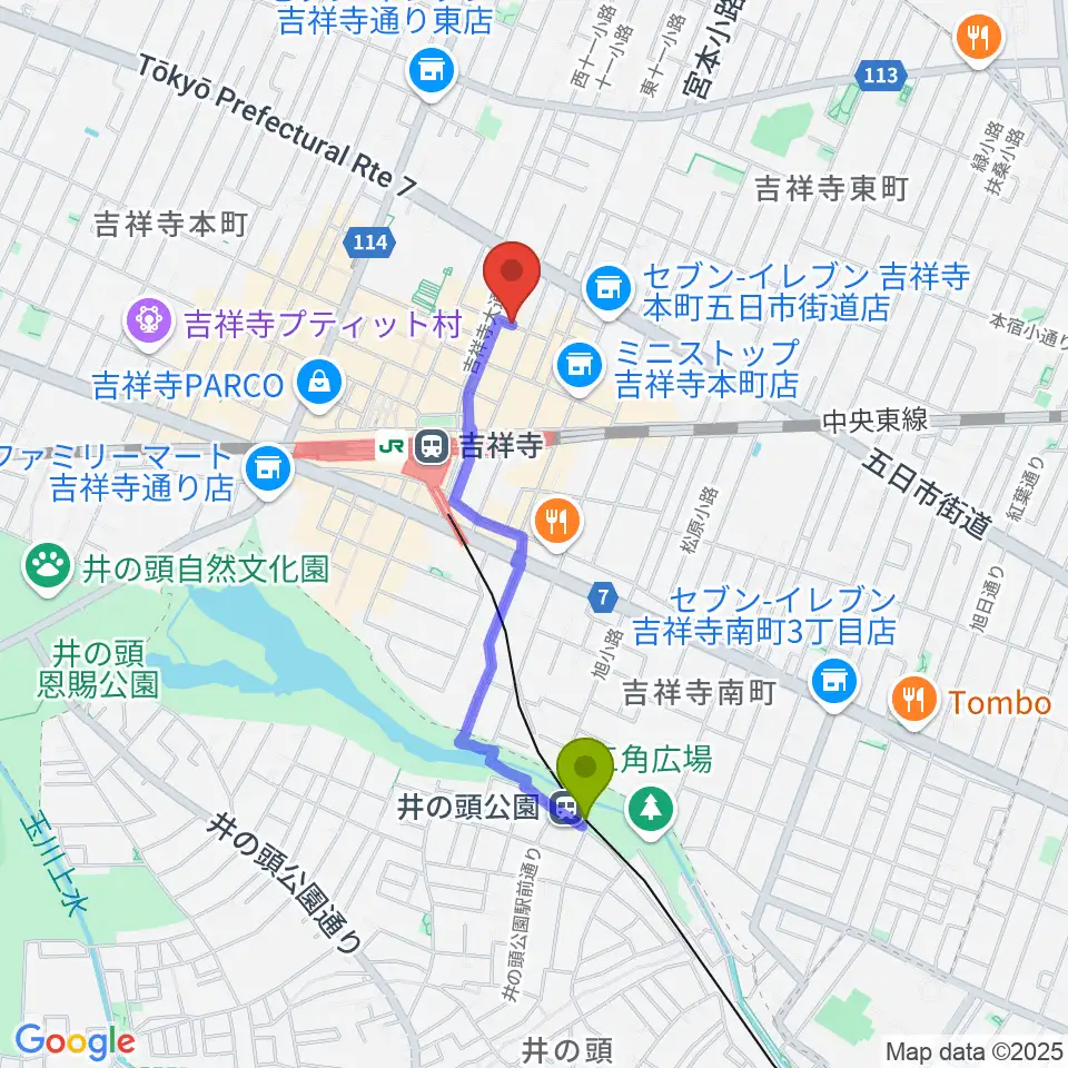 井の頭公園駅から吉祥寺スターパインズカフェへのルートマップ地図