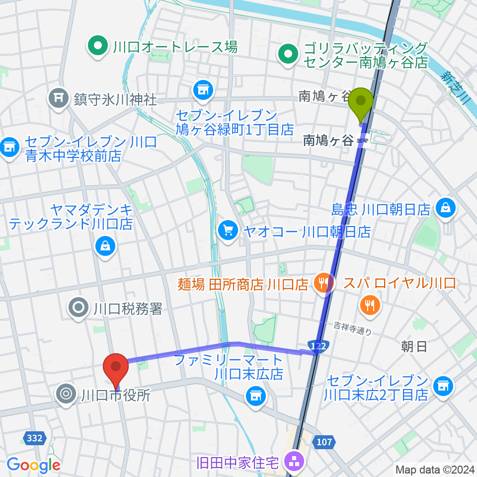 南鳩ヶ谷駅からさいとう音楽教室へのルートマップ地図