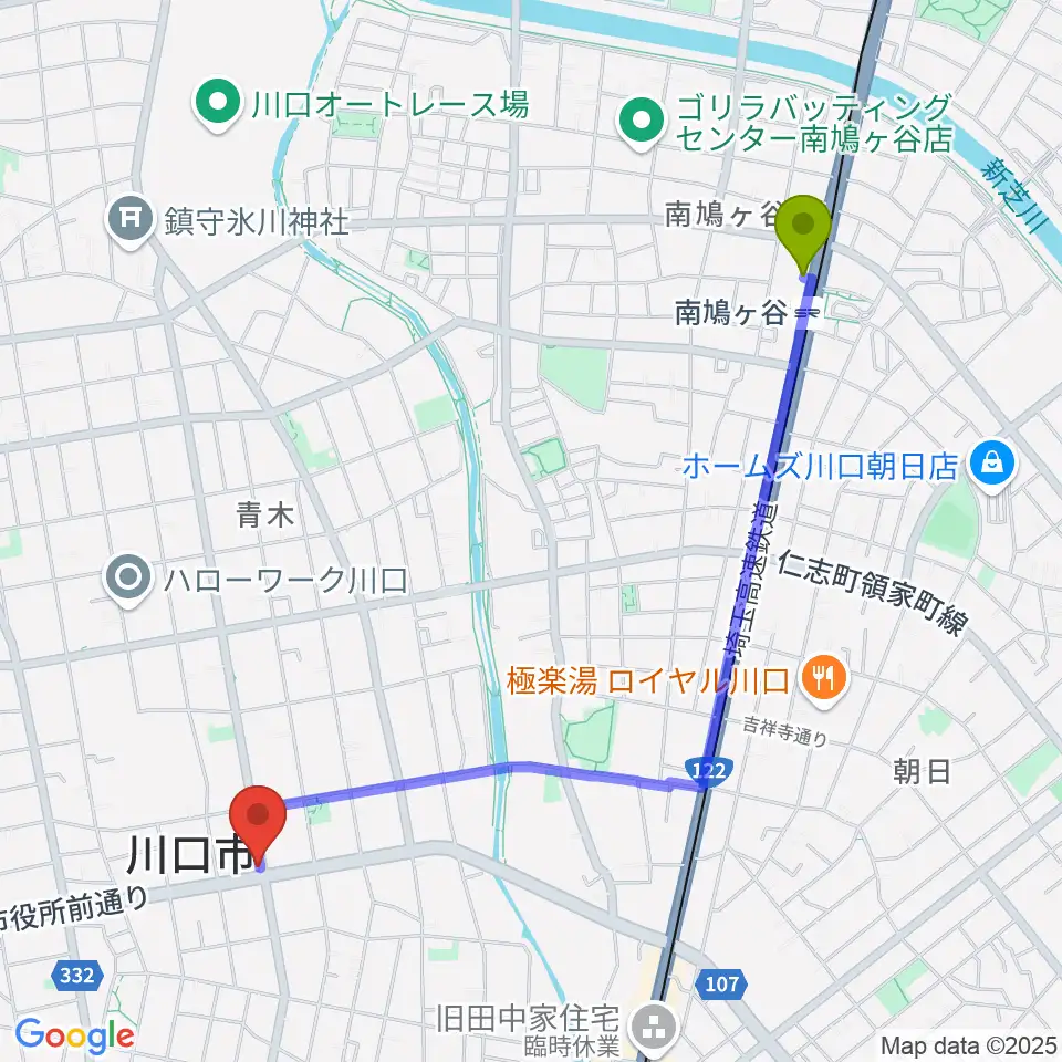 南鳩ヶ谷駅からさいとう音楽教室へのルートマップ地図