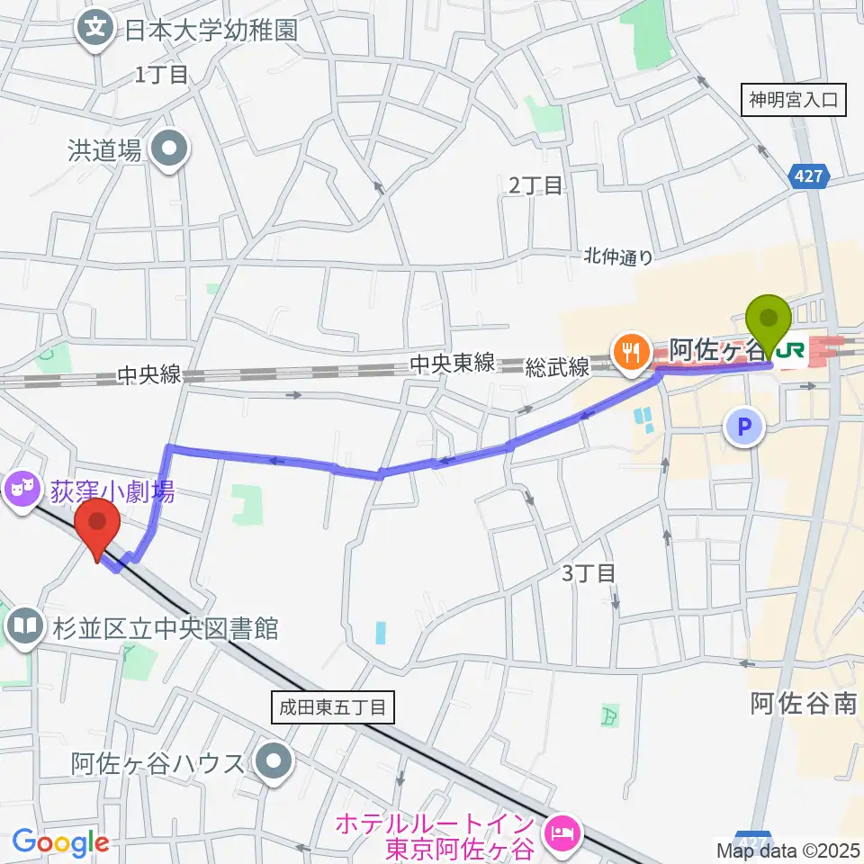 阿佐ケ谷駅から荻窪 かふぇ＆ほーる with遊へのルートマップ地図