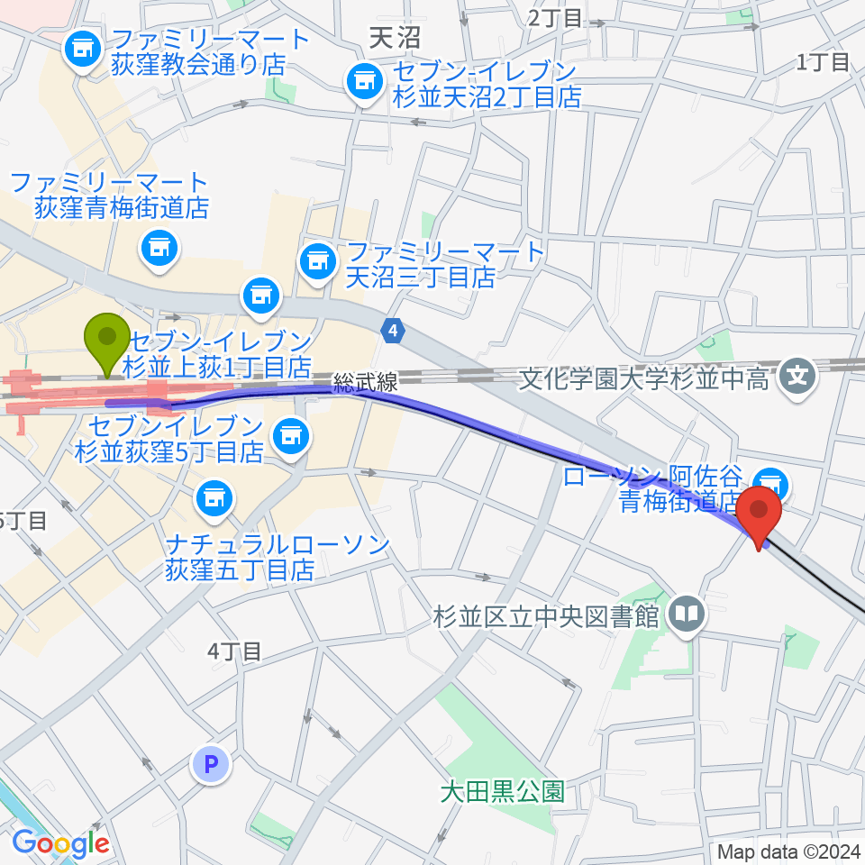 荻窪 かふぇ＆ほーる with遊の最寄駅荻窪駅からの徒歩ルート（約12分）地図