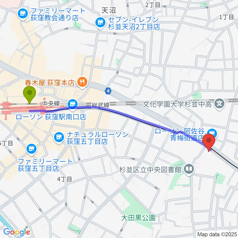 荻窪 かふぇ＆ほーる with遊の最寄駅荻窪駅からの徒歩ルート（約12分）地図