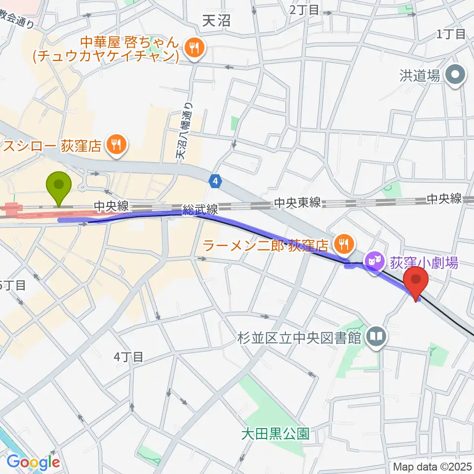 荻窪 かふぇ＆ほーる with遊の最寄駅荻窪駅からの徒歩ルート（約12分）地図