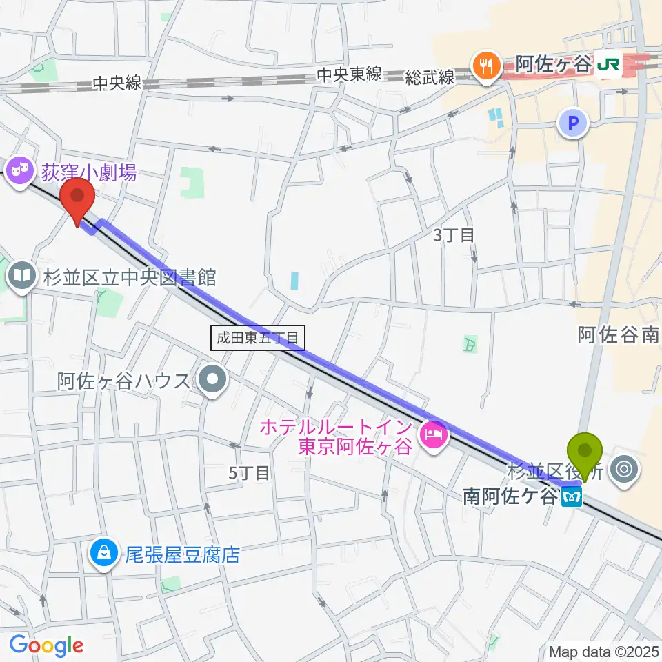 南阿佐ケ谷駅から荻窪 かふぇ＆ほーる with遊へのルートマップ地図
