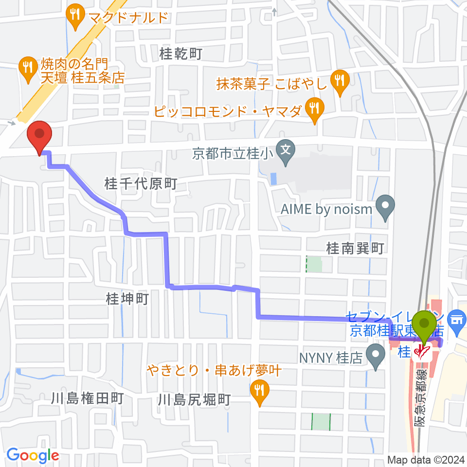 桂駅からベンチャーズハウス六絃へのルートマップ地図