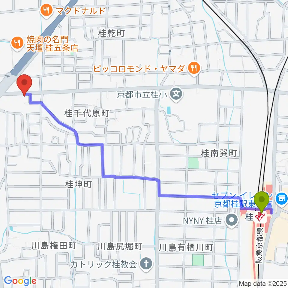 桂駅からベンチャーズハウス六絃へのルートマップ地図