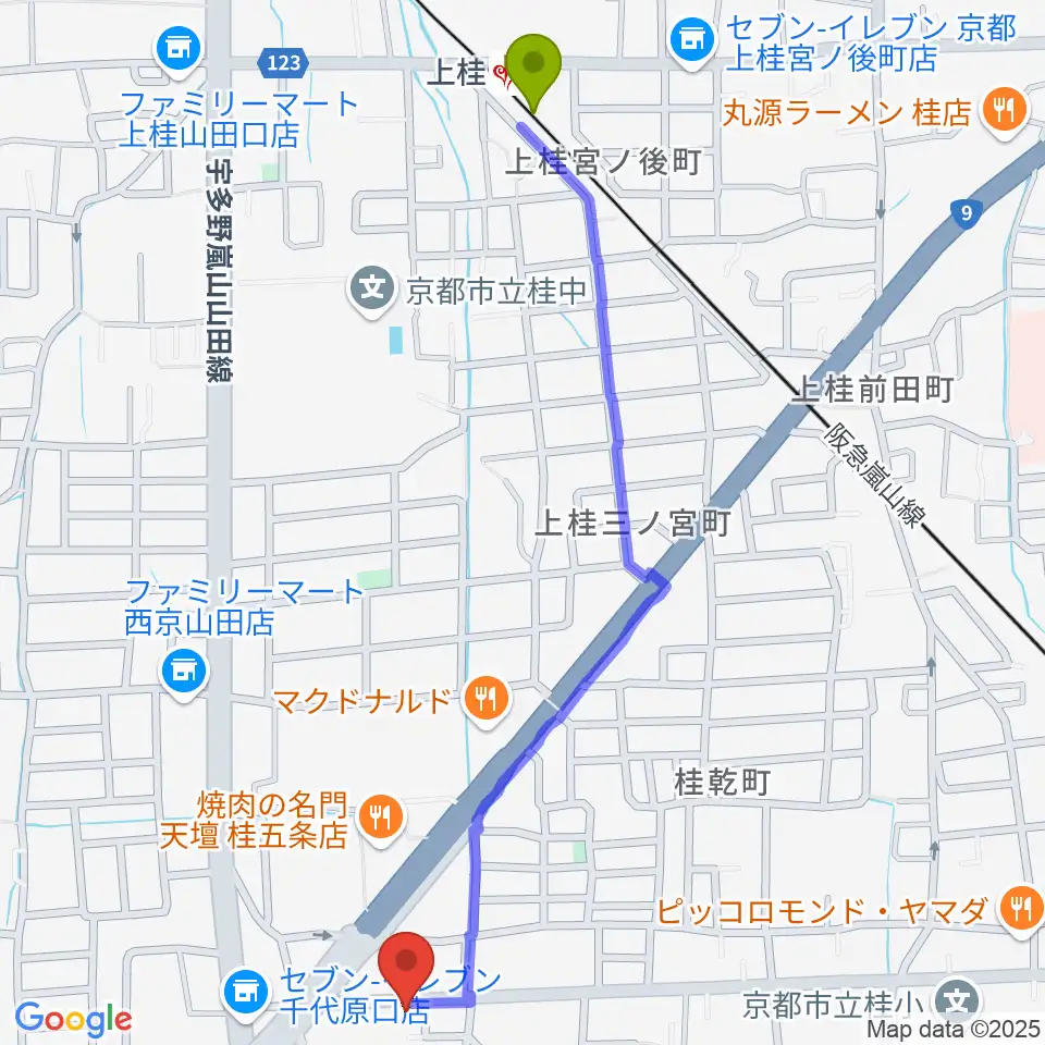 ベンチャーズハウス六絃の最寄駅上桂駅からの徒歩ルート（約14分）地図