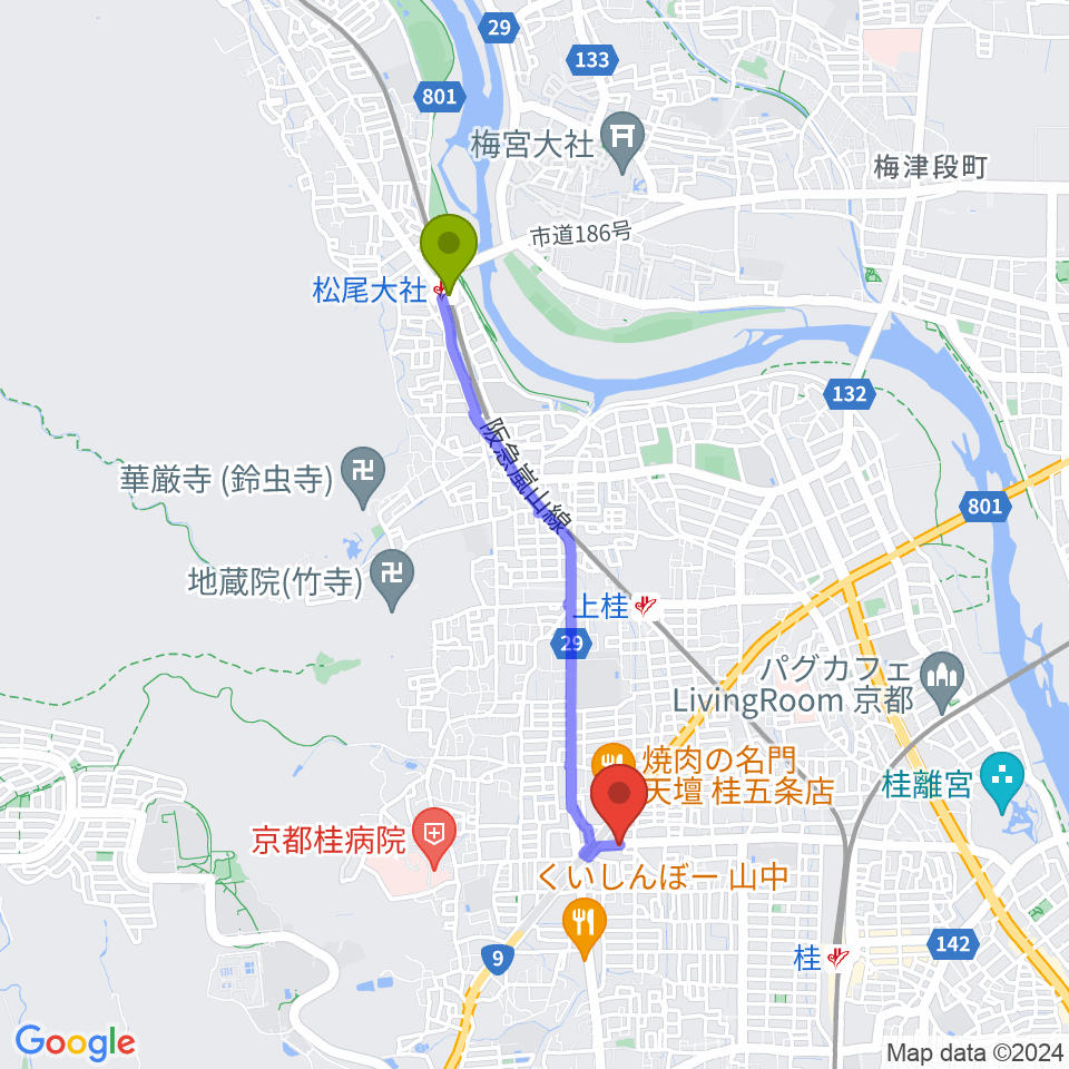 松尾大社駅からベンチャーズハウス六絃へのルートマップ地図