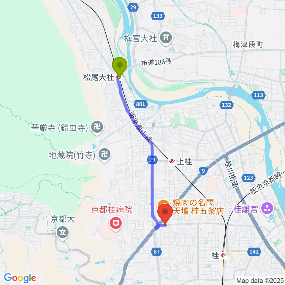 松尾大社駅からベンチャーズハウス六絃へのルートマップ地図