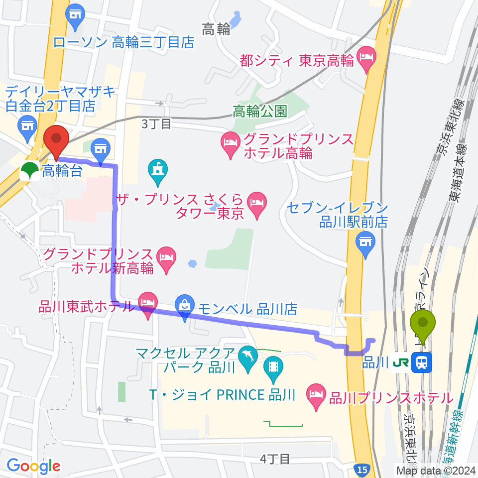 品川駅からスタジオベイド高輪店へのルートマップ地図