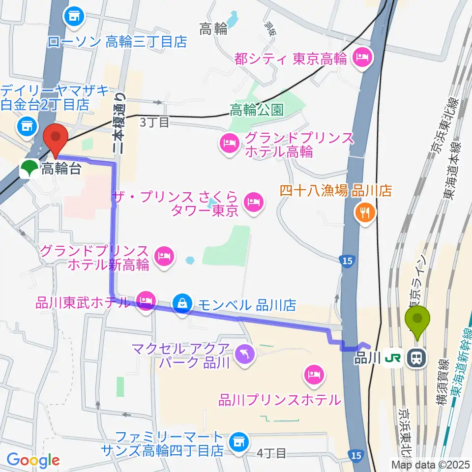 品川駅からスタジオベイド高輪店へのルートマップ地図