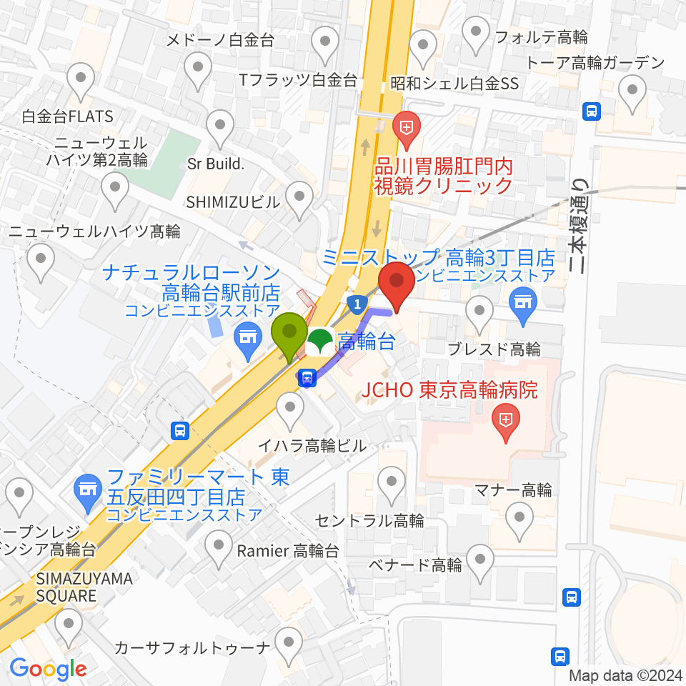 スタジオベイド高輪店の最寄駅高輪台駅からの徒歩ルート（約1分）地図