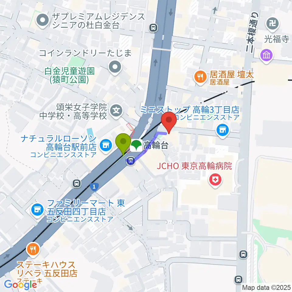 スタジオベイド高輪店の最寄駅高輪台駅からの徒歩ルート（約1分）地図