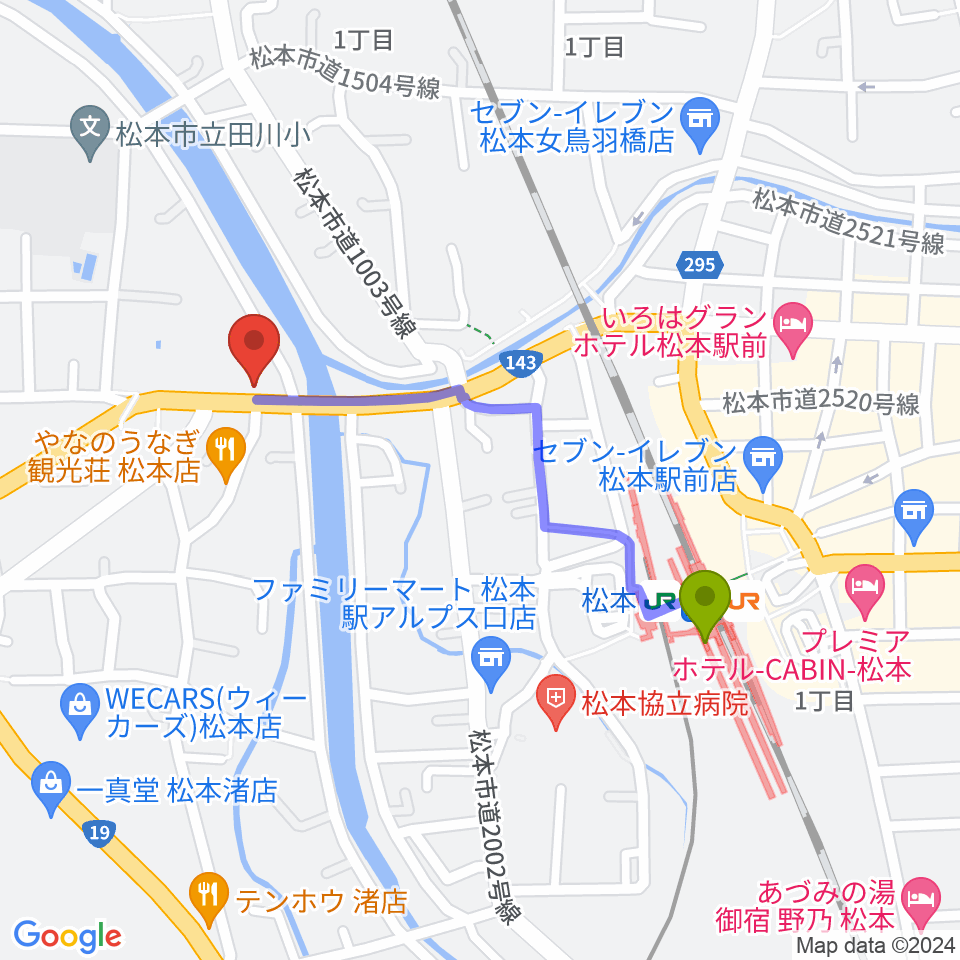 シェリーミュージックスクール松本校の最寄駅松本駅からの徒歩ルート（約8分）地図