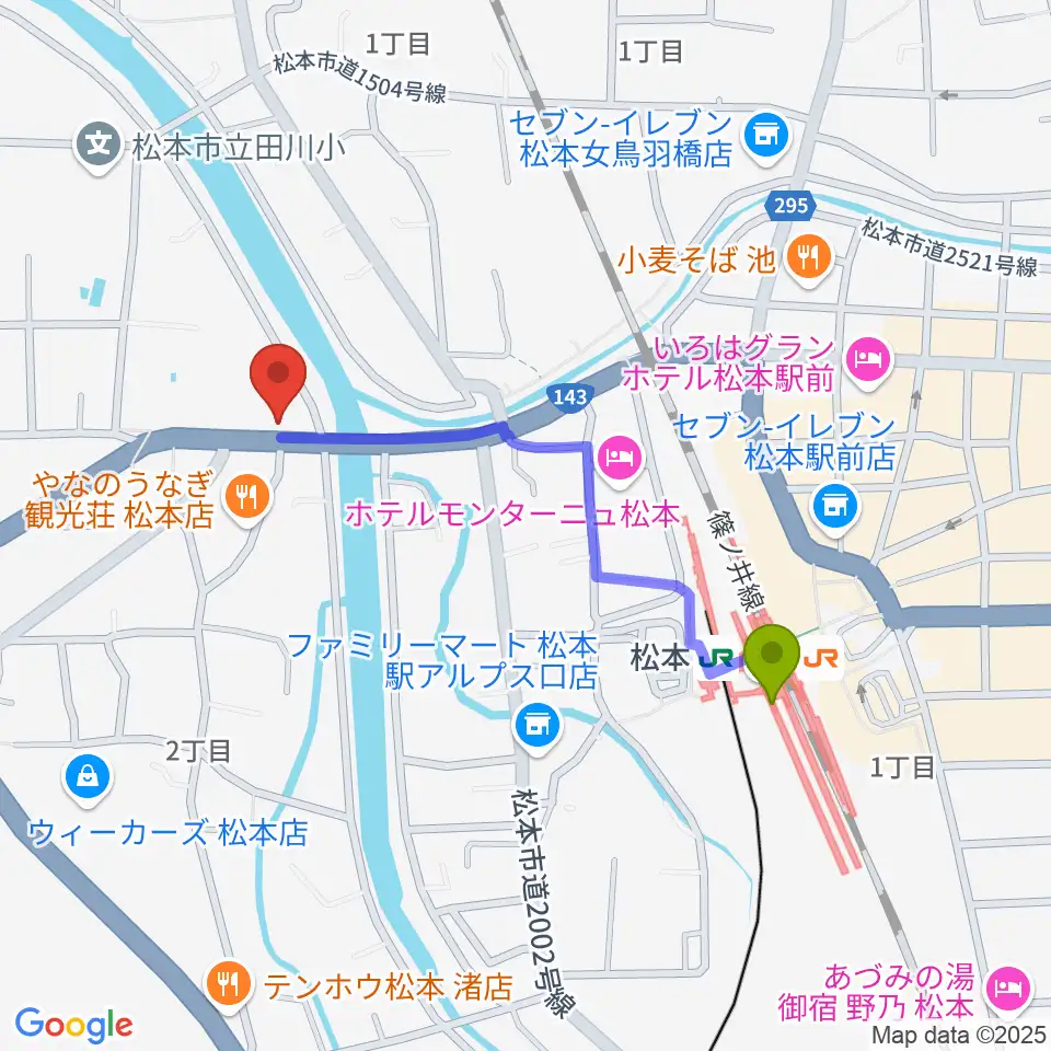 シェリーミュージックスクール松本校の最寄駅松本駅からの徒歩ルート（約8分）地図