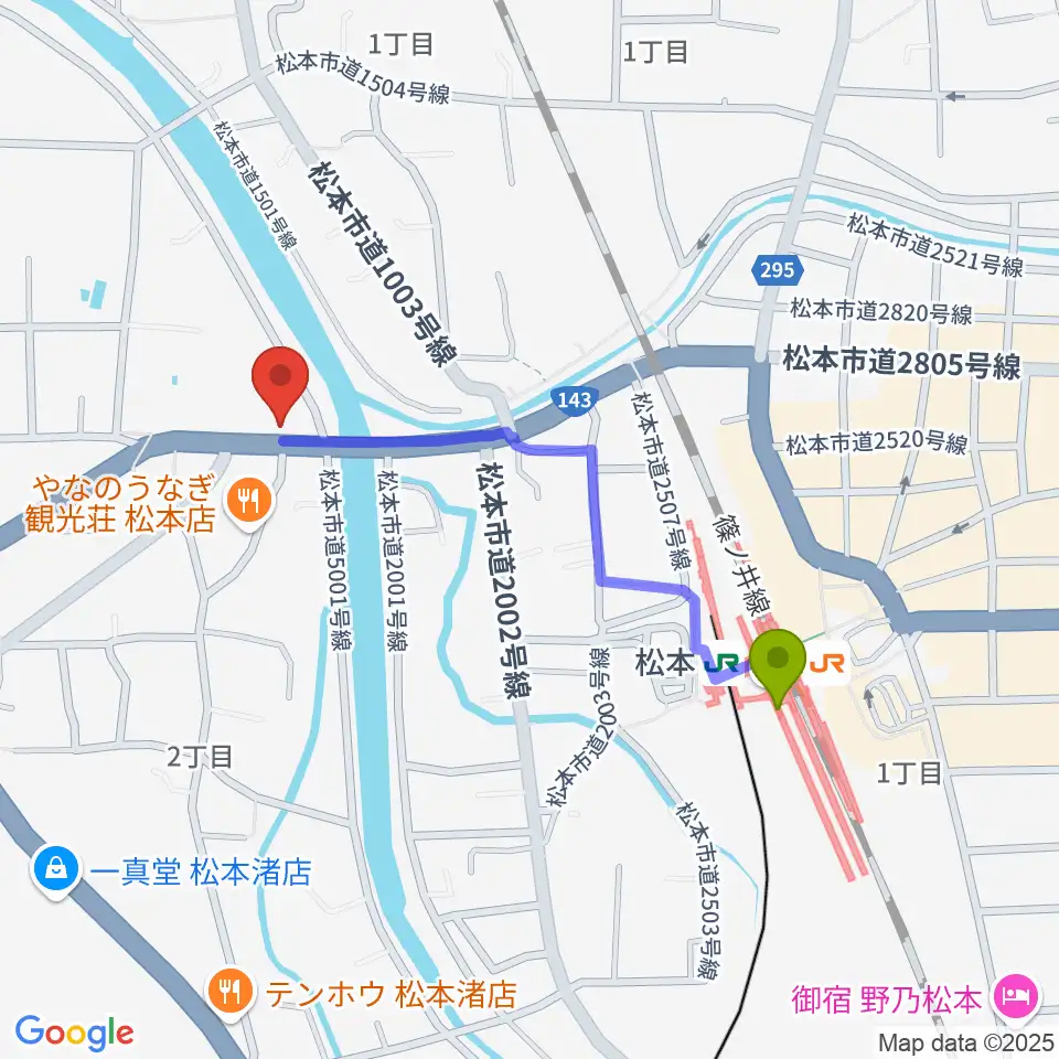 シェリーミュージックスクール松本校の最寄駅松本駅からの徒歩ルート（約8分）地図