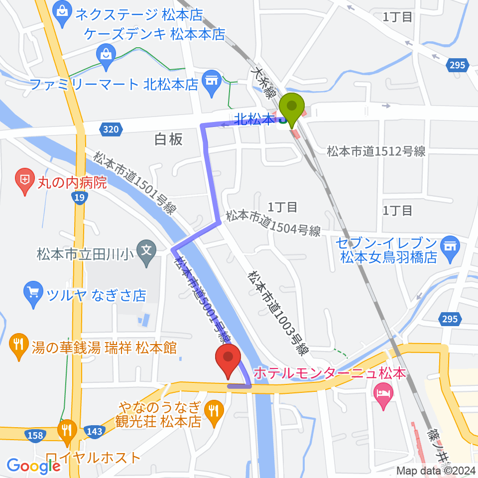 北松本駅からシェリーミュージックスクール松本校へのルートマップ地図