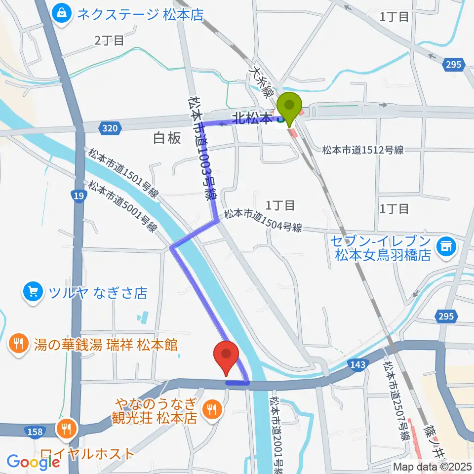 北松本駅からシェリーミュージックスクール松本校へのルートマップ地図