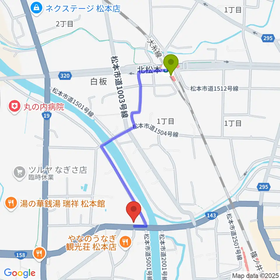 北松本駅からシェリーミュージックスクール松本校へのルートマップ地図