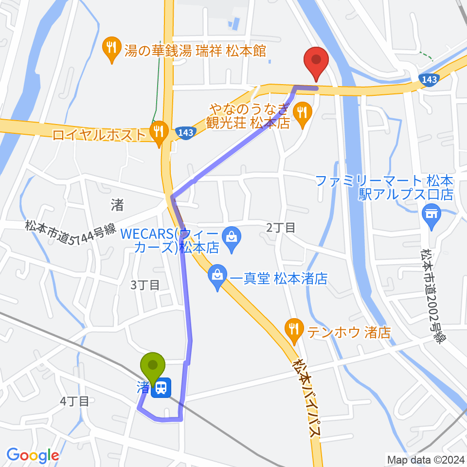 渚駅からシェリーミュージックスクール松本校へのルートマップ地図