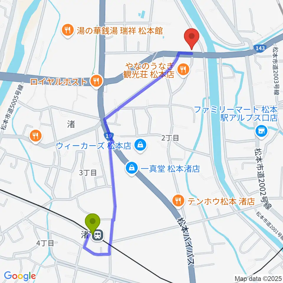 渚駅からシェリーミュージックスクール松本校へのルートマップ地図