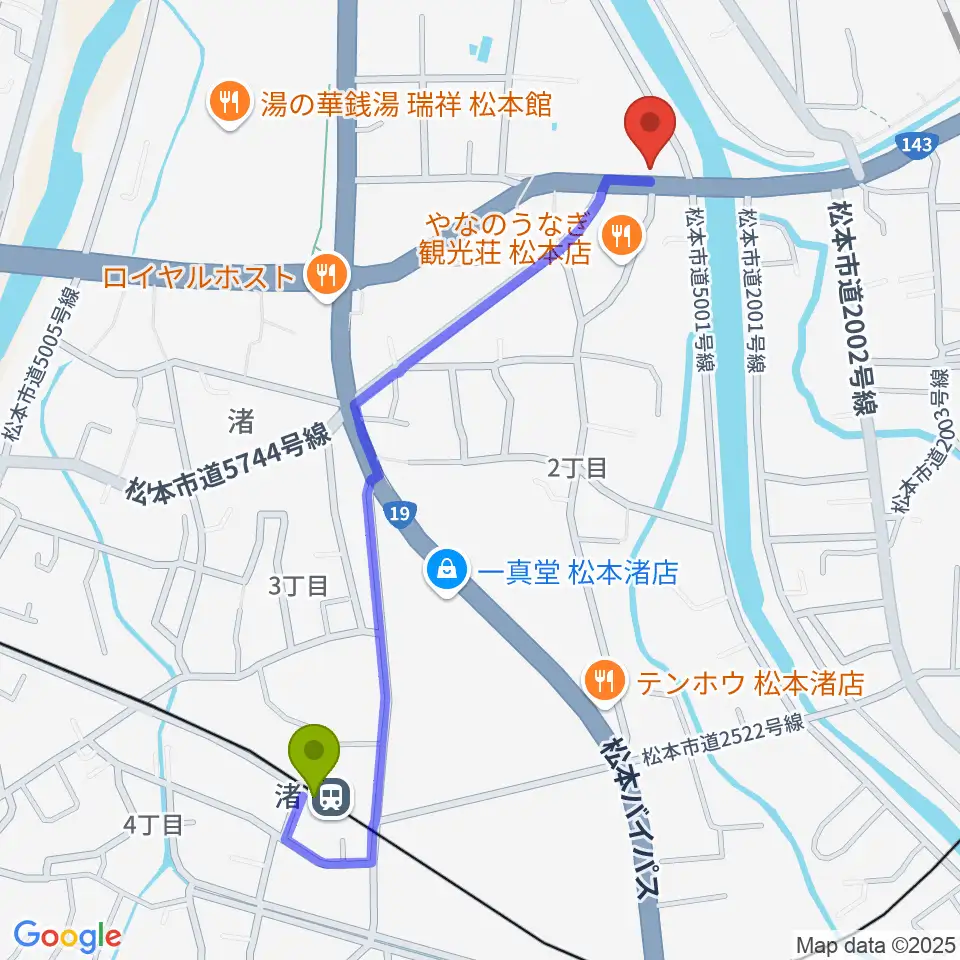 渚駅からシェリーミュージックスクール松本校へのルートマップ地図