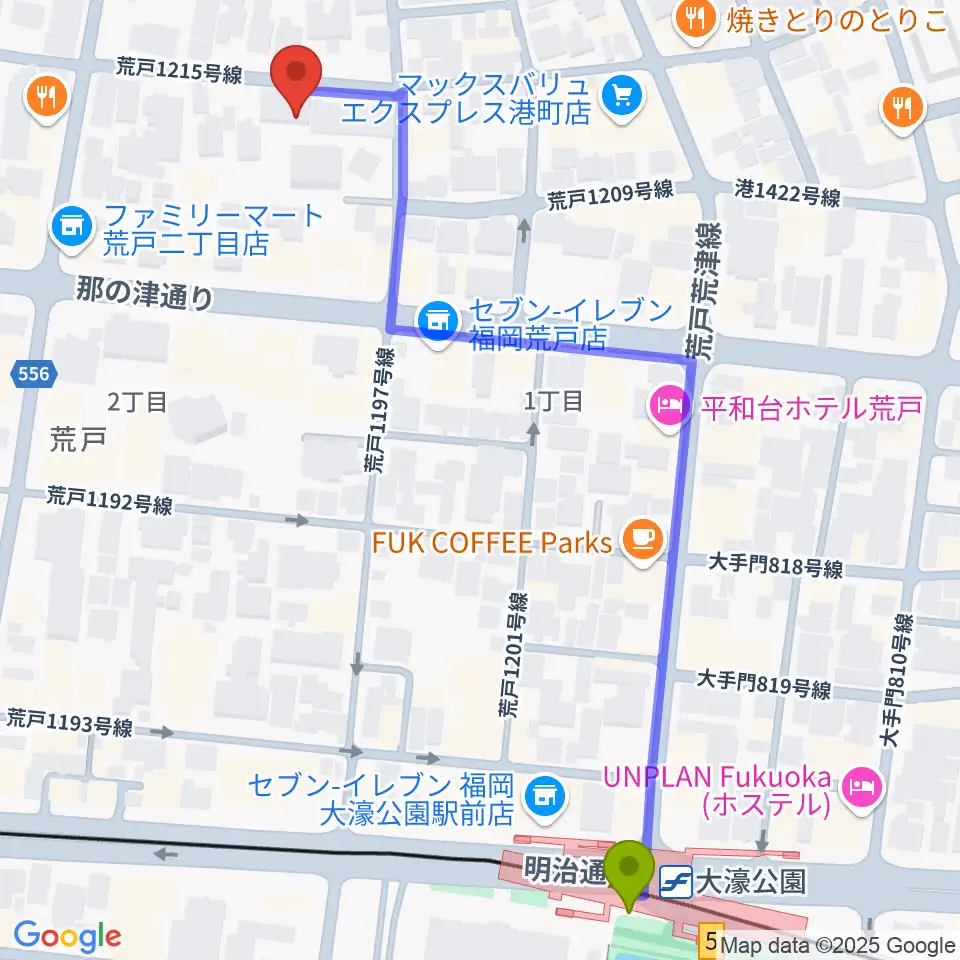 ミュージックスクール・クランチの最寄駅大濠公園駅からの徒歩ルート（約7分）地図