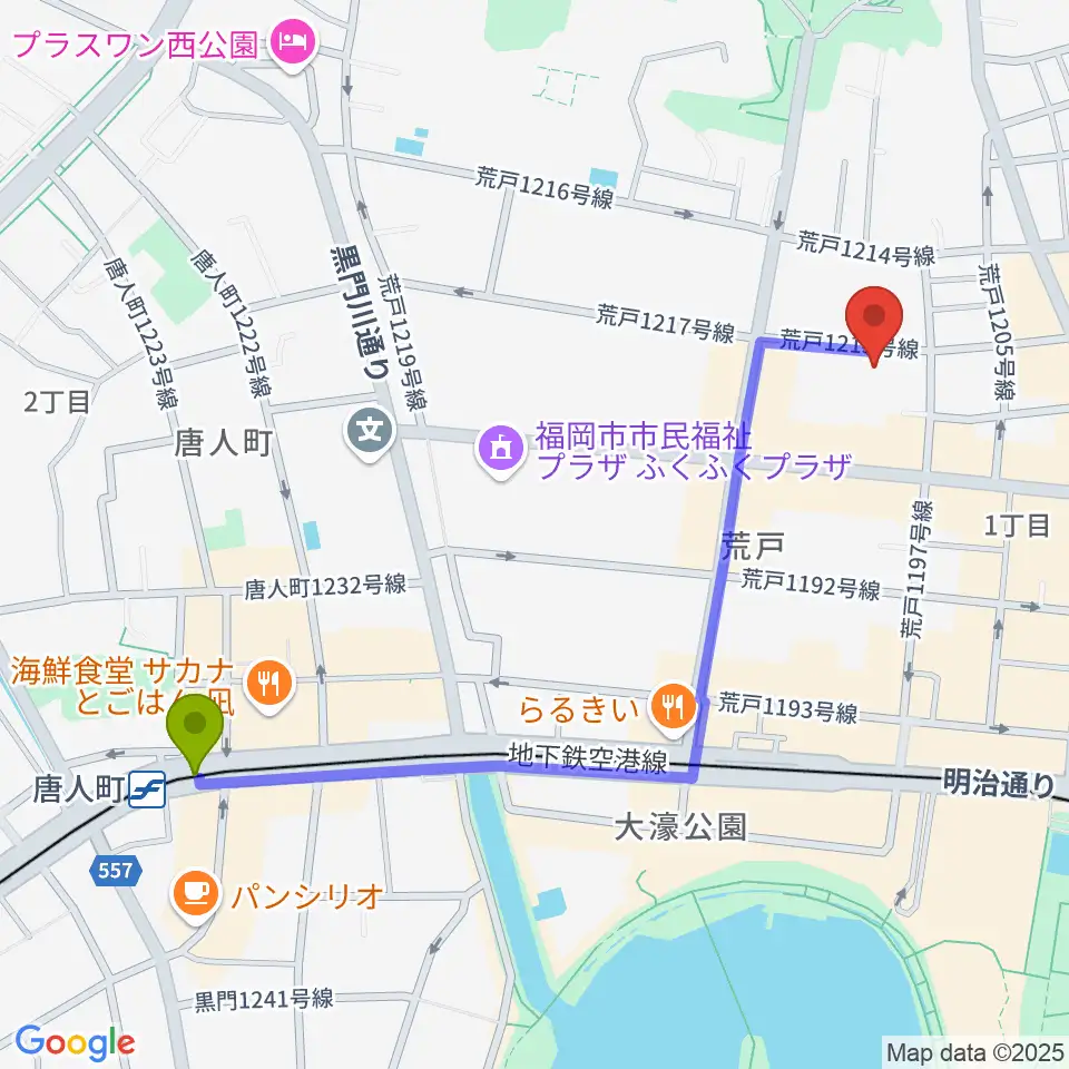 唐人町駅からミュージックスクール・クランチへのルートマップ地図