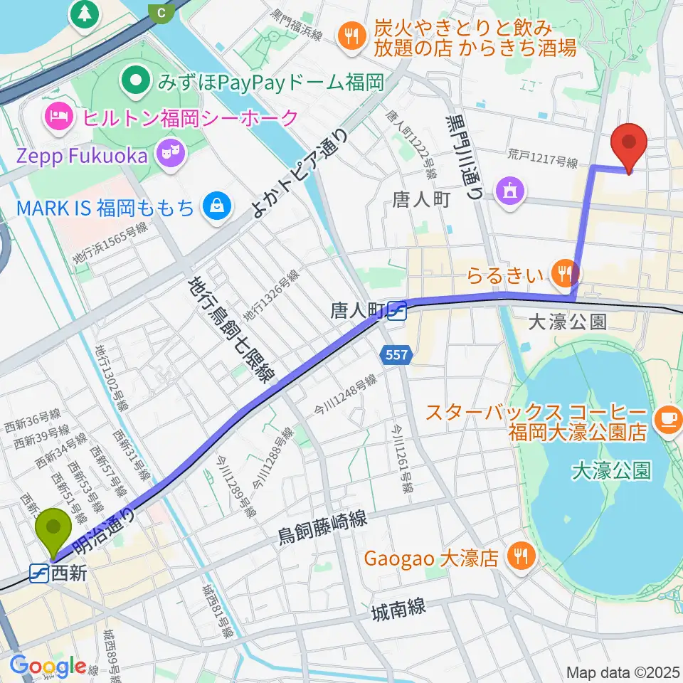 西新駅からミュージックスクール・クランチへのルートマップ地図