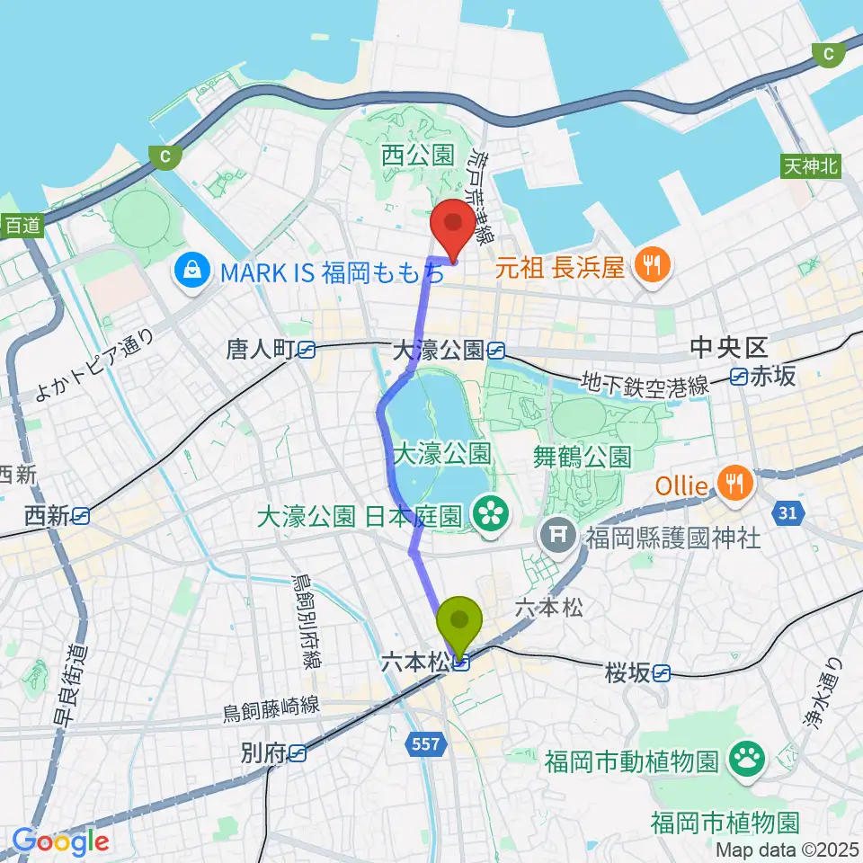 六本松駅からミュージックスクール・クランチへのルートマップ地図
