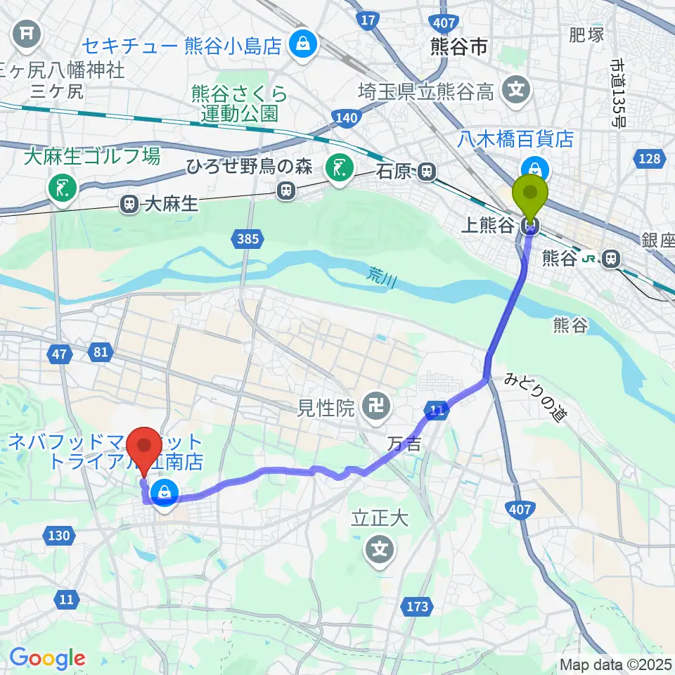 上熊谷駅から江南総合文化会館ピピアへのルートマップ地図