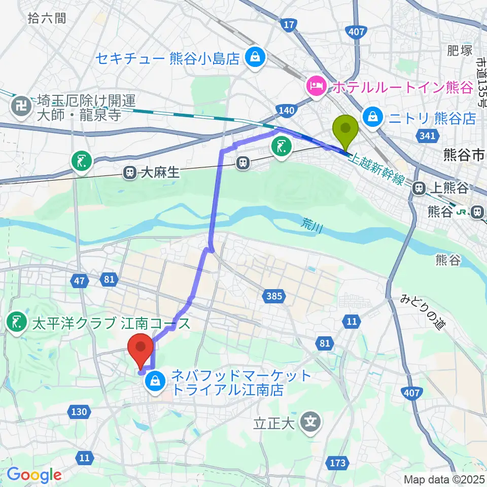 石原駅から江南総合文化会館ピピアへのルートマップ地図