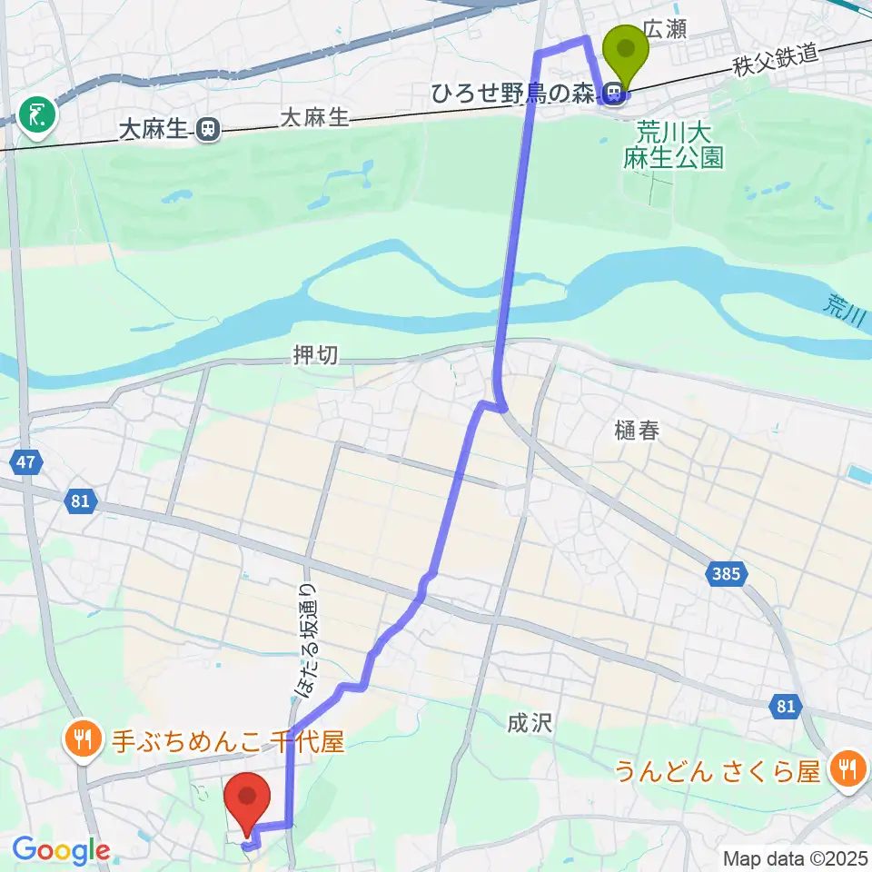 ひろせ野鳥の森駅から江南総合文化会館ピピアへのルートマップ地図