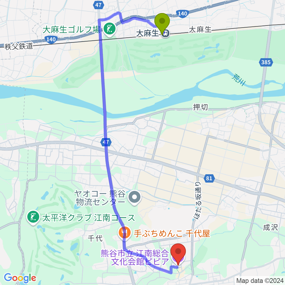 江南総合文化会館ピピアの最寄駅大麻生駅からの徒歩ルート（約50分）地図