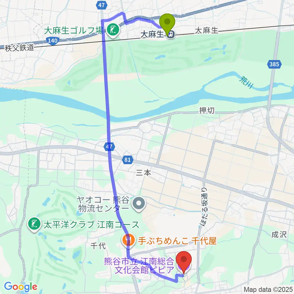 江南総合文化会館ピピアの最寄駅大麻生駅からの徒歩ルート（約50分）地図