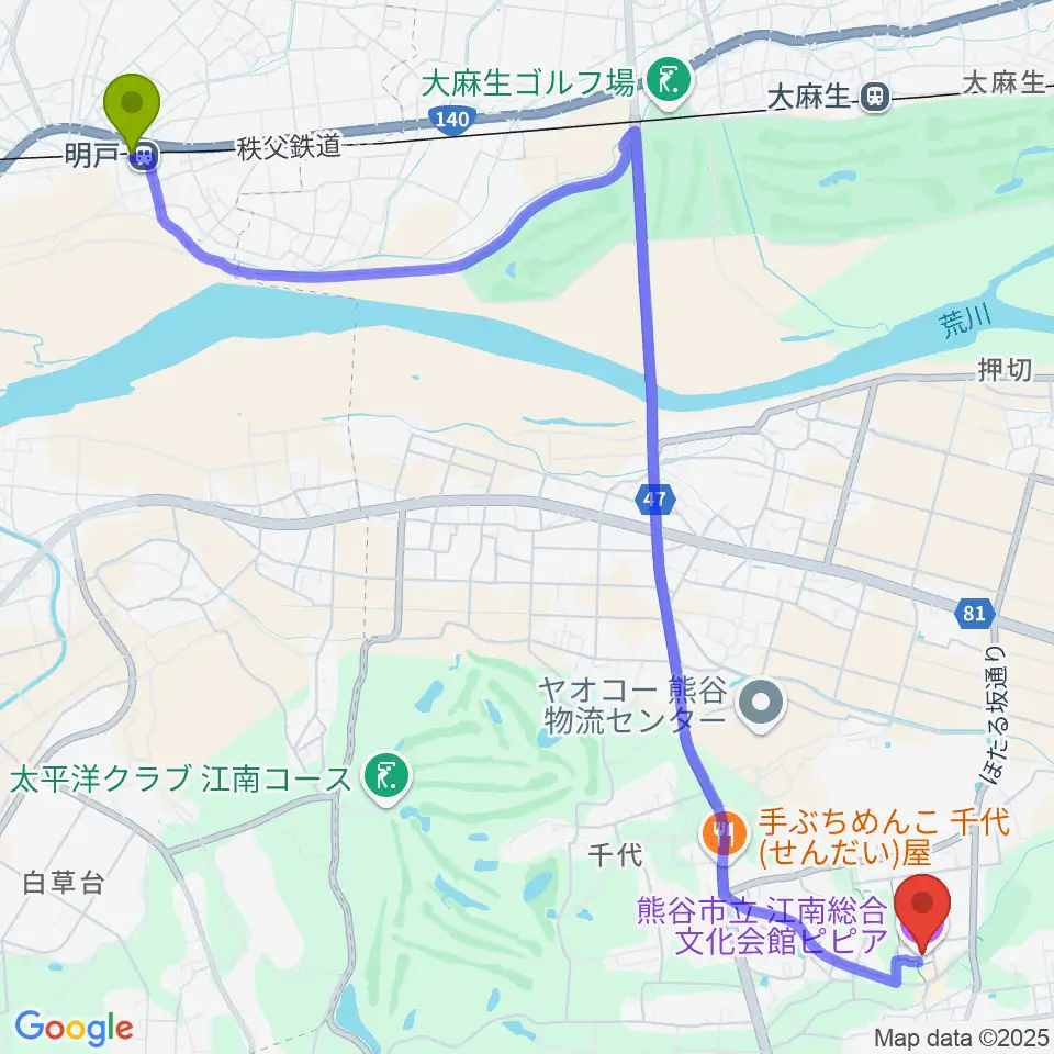 明戸駅から江南総合文化会館ピピアへのルートマップ地図