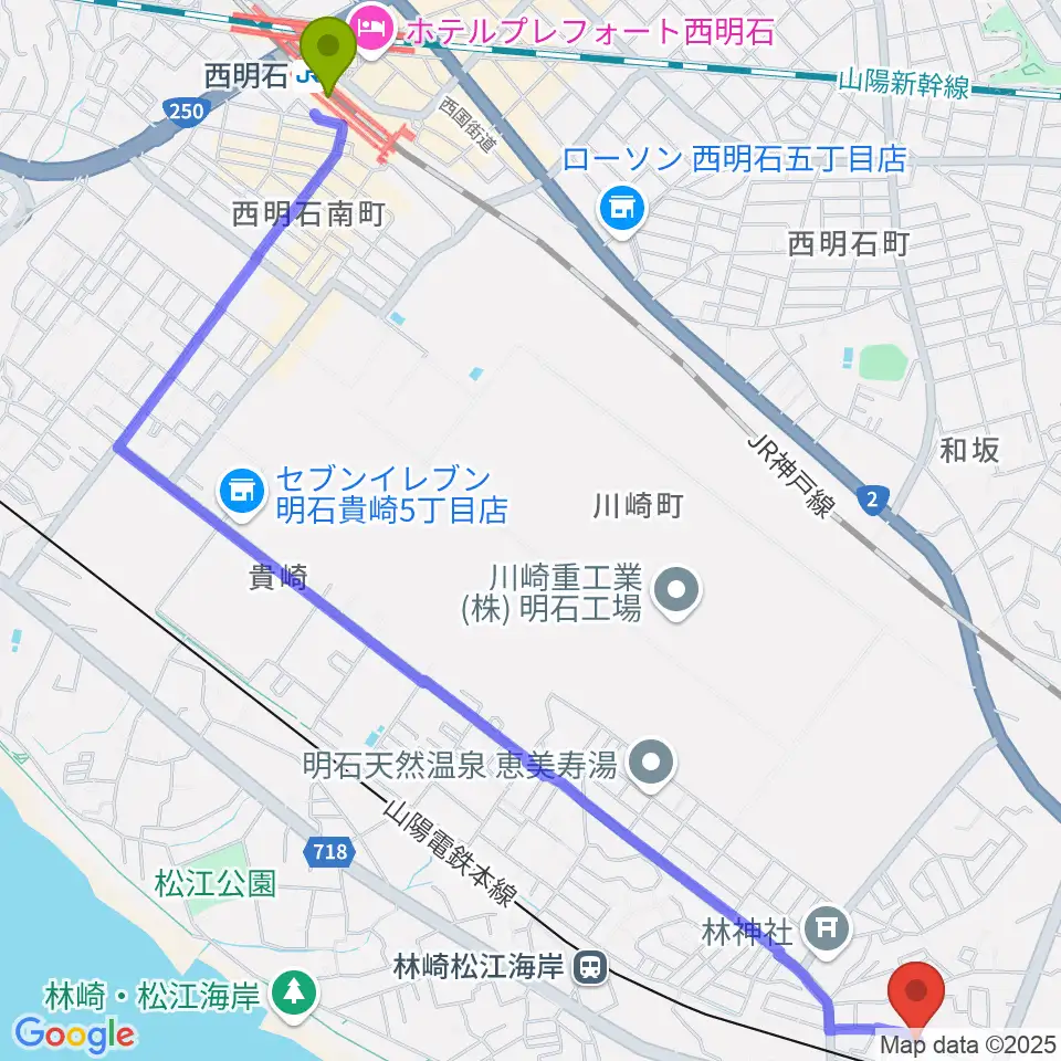 西明石駅からスタジオファンフルへのルートマップ地図