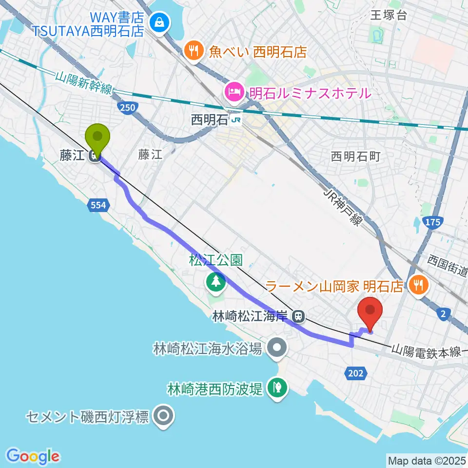 藤江駅からスタジオファンフルへのルートマップ地図