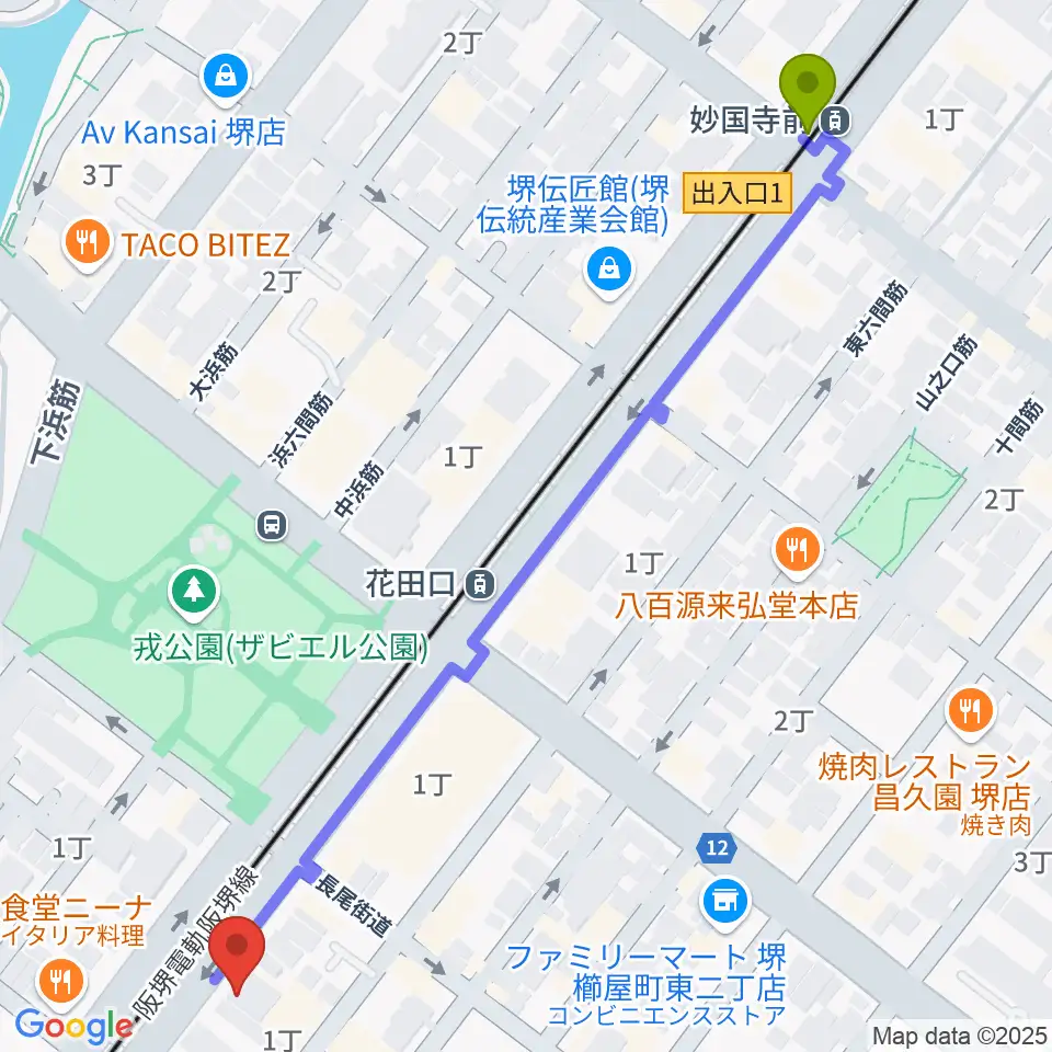 妙国寺前駅からHOUSE of JAZZへのルートマップ地図