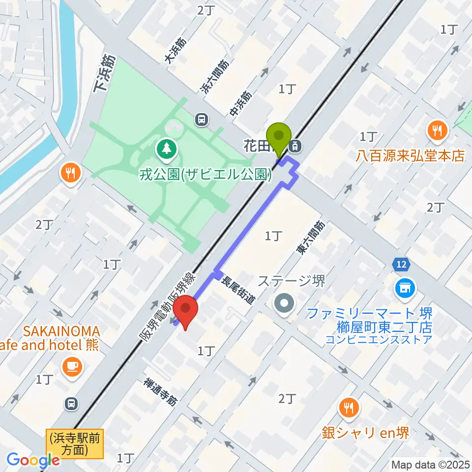 花田口駅からHOUSE of JAZZへのルートマップ地図