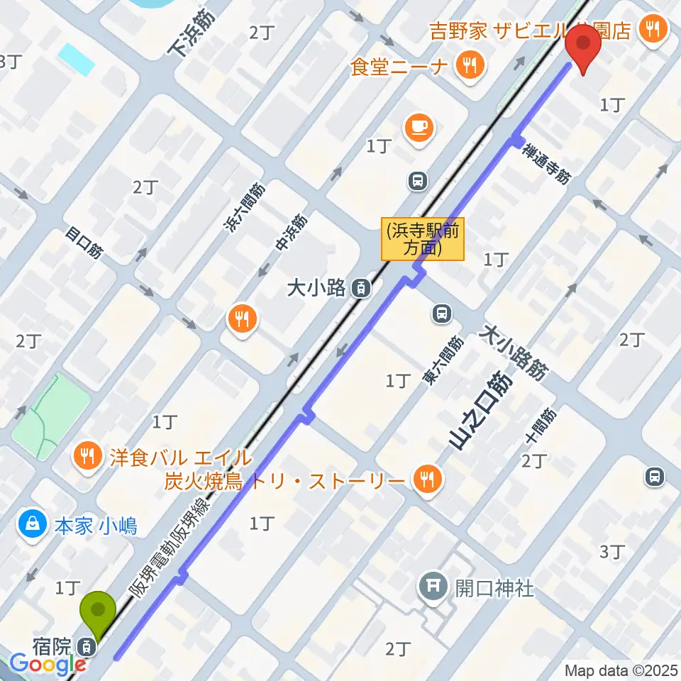 宿院駅からHOUSE of JAZZへのルートマップ地図