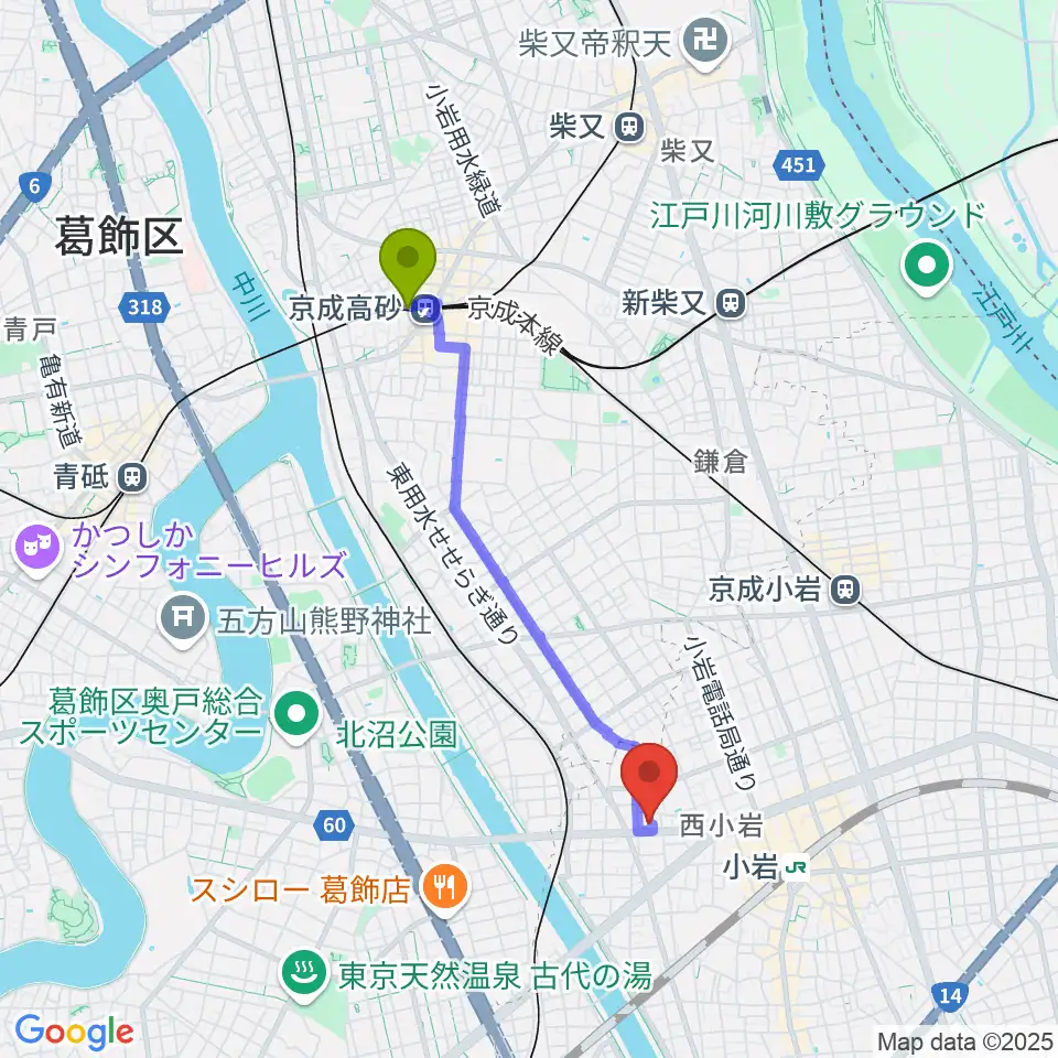 京成高砂駅からAttractive Sound Labへのルートマップ地図