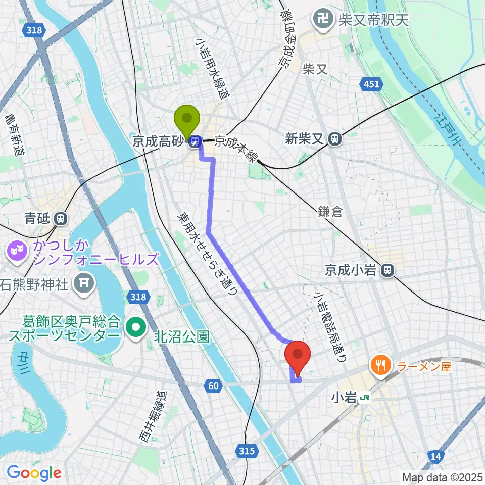 京成高砂駅からAttractive Sound Labへのルートマップ地図