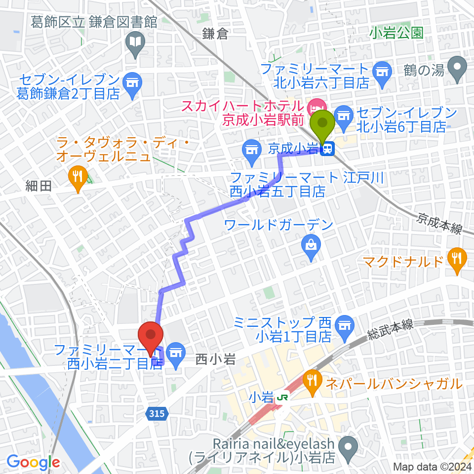 京成小岩駅からAttractive Sound Labへのルートマップ地図