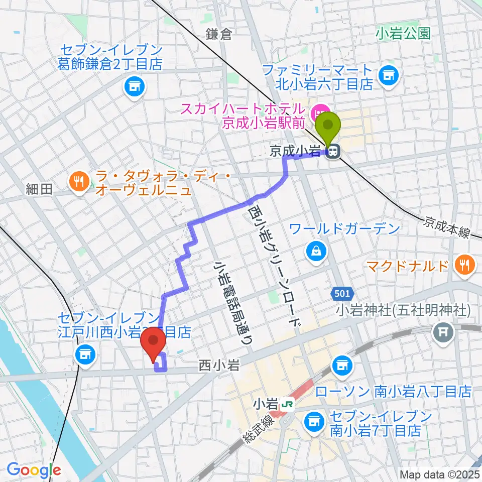 京成小岩駅からAttractive Sound Labへのルートマップ地図