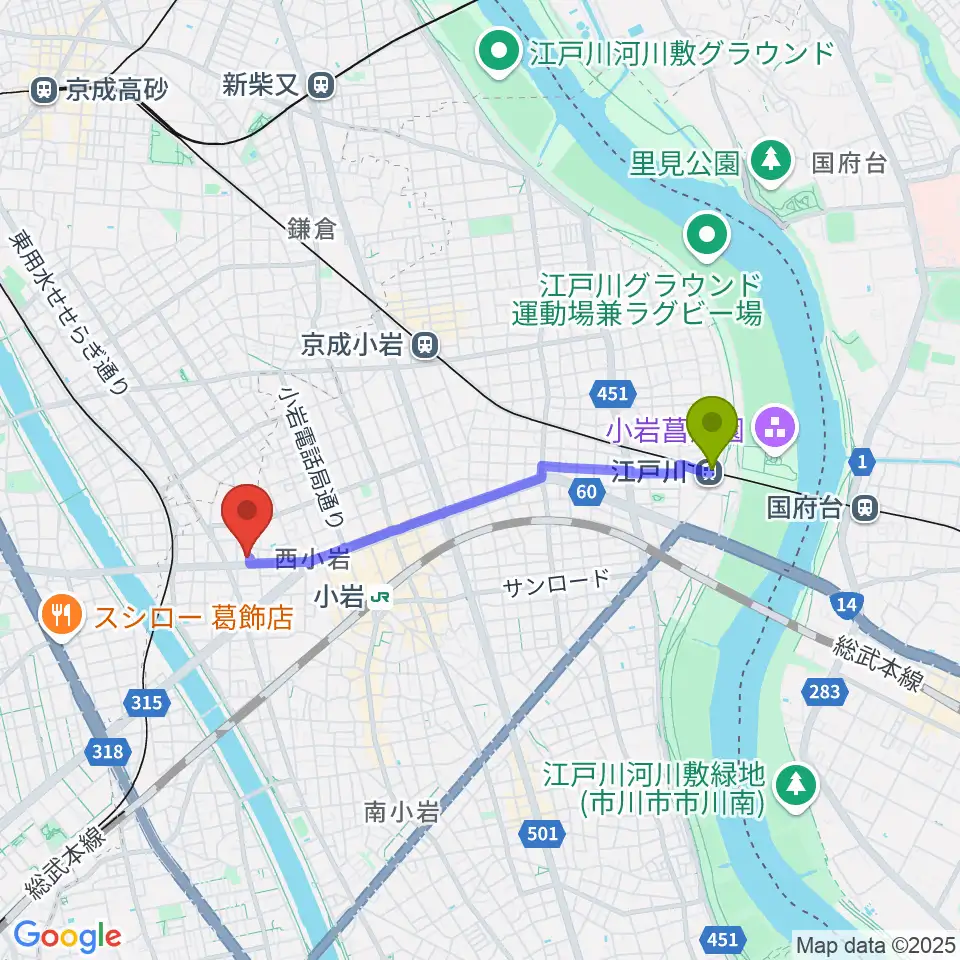 江戸川駅からAttractive Sound Labへのルートマップ地図