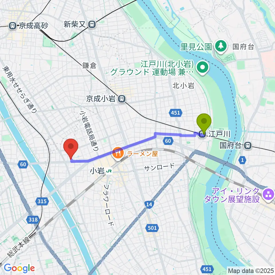 江戸川駅からAttractive Sound Labへのルートマップ地図
