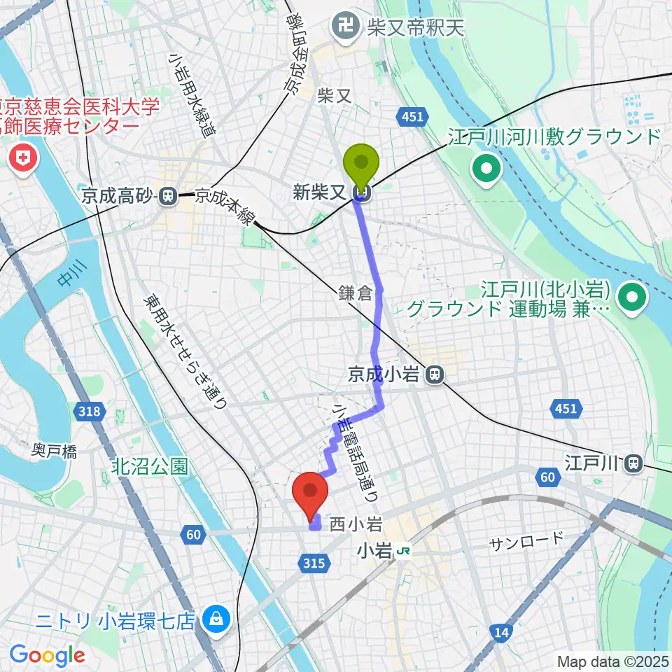 新柴又駅からAttractive Sound Labへのルートマップ地図
