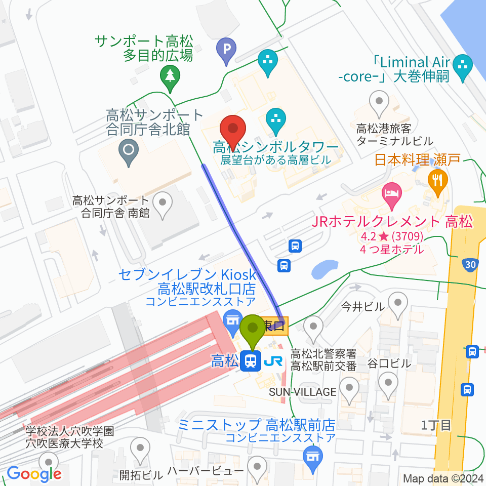 e-とぴあ・かがわの最寄駅高松駅からの徒歩ルート（約3分）地図